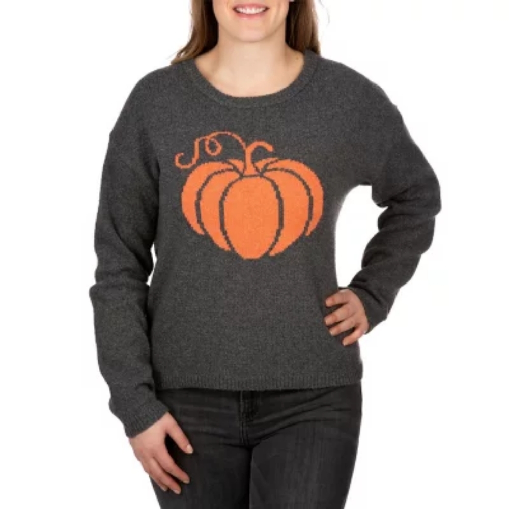 State Of Mine Gray & Orange Pumpkin Knit Long Sleeve Sweater